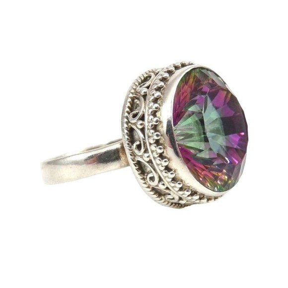 Sterling Silver Bezel Set Rainbow Quartz Filigree Large Ring Size 8.5 - Picture 1 of 6